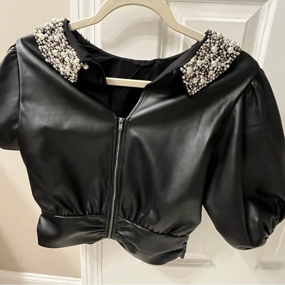Anthropologie Maeve Black Beaded Leather Blouse - Picture 2 of 4
